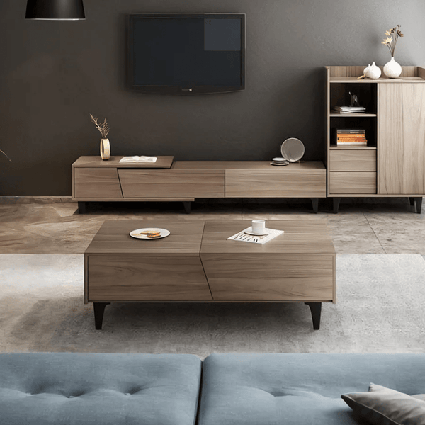 Noric Extendable TV Stand Media Unit with Coffee Table & Side Cabinet, Modern MDF Storage Entertainment Center, Tan Finish - Sleek Furniture