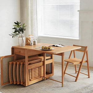Nydia Foldable Dining Table Set with Storage – Solid Wood Extendable Kitchen Dining Set with Rattan Detail, Space-Saving Folding Dining Table and Chairs for Modern Homes - Sleek Furniture