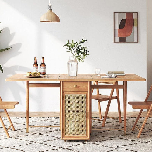 Nydia Foldable Dining Table Set with Storage – Solid Wood Extendable Kitchen Dining Set with Rattan Detail, Space-Saving Folding Dining Table and Chairs for Modern Homes - Sleek Furniture