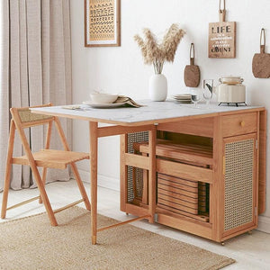 Nydia Foldable Dining Table Set with Storage – Solid Wood Extendable Kitchen Dining Set with Rattan Detail, Space-Saving Folding Dining Table and Chairs for Modern Homes - Sleek Furniture