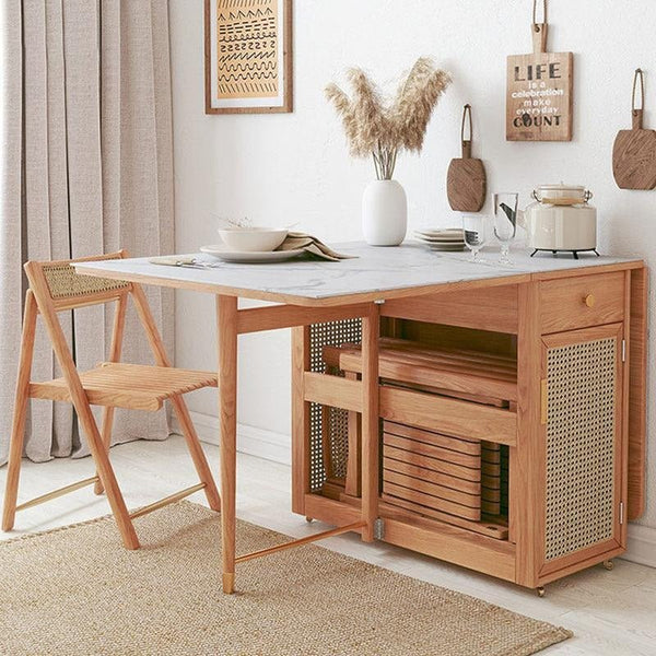 Nydia Foldable Dining Table Set with Storage – Solid Wood Extendable Kitchen Dining Set with Rattan Detail, Space-Saving Folding Dining Table and Chairs for Modern Homes - Sleek Furniture