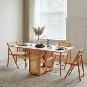 Nydia Foldable Dining Table Set with Storage – Solid Wood Extendable Kitchen Dining Set with Rattan Detail, Space-Saving Folding Dining Table and Chairs for Modern Homes - Sleek Furniture