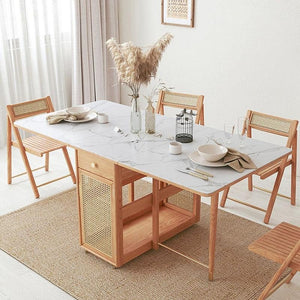 Nydia Foldable Dining Table Set with Storage – Solid Wood Extendable Kitchen Dining Set with Rattan Detail, Space-Saving Folding Dining Table and Chairs for Modern Homes - Sleek Furniture