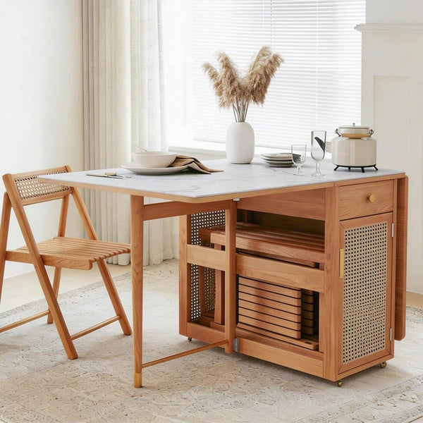Nydia Foldable Dining Table Set with Storage – Solid Wood Extendable Kitchen Dining Set with Rattan Detail, Space-Saving Folding Dining Table and Chairs for Modern Homes - Sleek Furniture