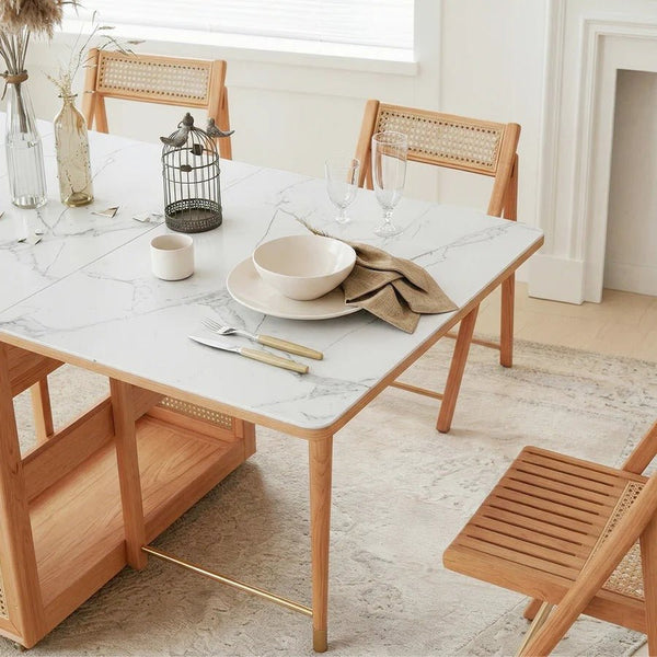 Nydia Foldable Dining Table Set with Storage – Solid Wood Extendable Kitchen Dining Set with Rattan Detail, Space-Saving Folding Dining Table and Chairs for Modern Homes - Sleek Furniture