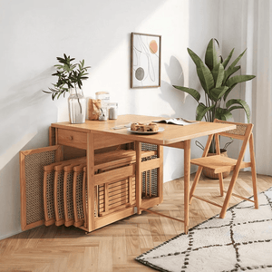 Nydia Foldable Dining Table Set with Storage – Solid Wood Extendable Kitchen Dining Set with Rattan Detail, Space-Saving Folding Dining Table and Chairs for Modern Homes - Sleek Furniture