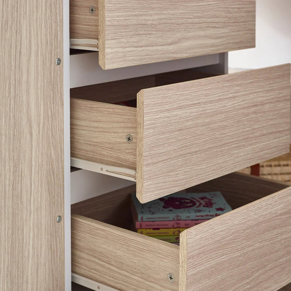 Ocean White & Oak Effect Wooden High Sleeper Bed with Desk, Wardrobe, Shelving & Storage Drawers - Sleek Furniture
