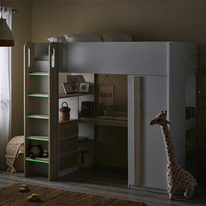 Ocean White & Oak Effect Wooden High Sleeper Bed with Desk, Wardrobe, Shelving & Storage Drawers - Sleek Furniture