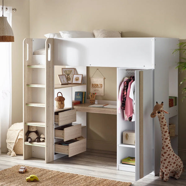 Ocean White & Oak Effect Wooden High Sleeper Bed with Desk, Wardrobe, Shelving & Storage Drawers - Sleek Furniture