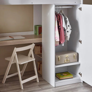 Ocean White & Oak Effect Wooden High Sleeper Bed with Desk, Wardrobe, Shelving & Storage Drawers - Sleek Furniture