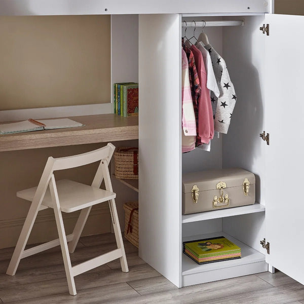 Ocean White & Oak Effect Wooden High Sleeper Bed with Desk, Wardrobe, Shelving & Storage Drawers - Sleek Furniture