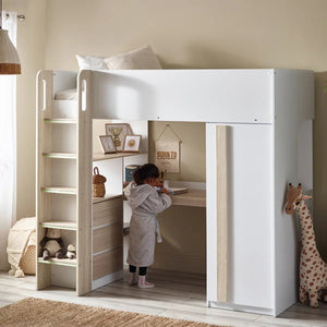 Ocean White & Oak Effect Wooden High Sleeper Bed with Desk, Wardrobe, Shelving & Storage Drawers - Sleek Furniture