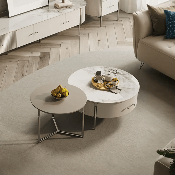 Odelia Contemporary Nesting Coffee Table Set – White Sintered Stone Top, Metal Frame Modern Living Room Tables (Set of 2) - Sleek Furniture