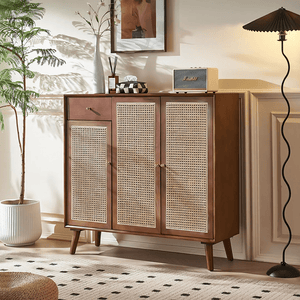 Otti Rattan Shoe Storage Console Table – Solid Wood Entryway Cabinet with Rattan Design, Modern Hallway Storage Unit – Cherrywood Finish - Sleek Furniture
