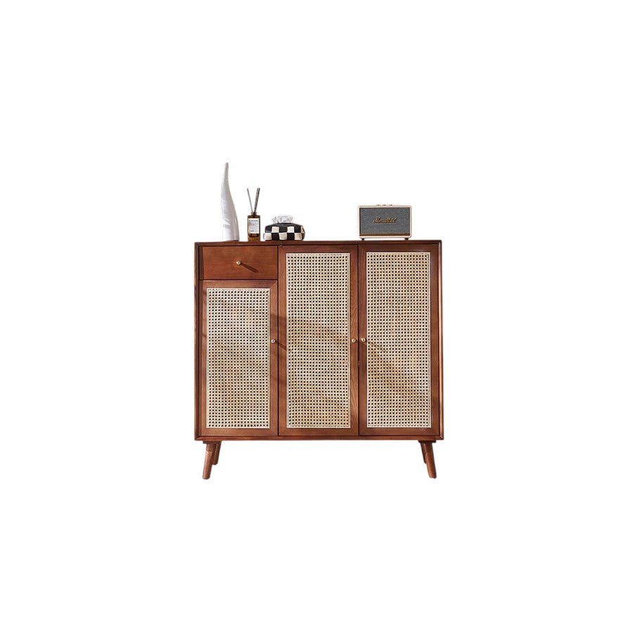 Otti Rattan Shoe Storage Console Table – Solid Wood Entryway Cabinet with Rattan Design, Modern Hallway Storage Unit – Cherrywood Finish - Sleek Furniture