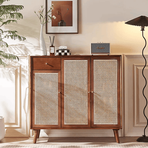 Otti Rattan Shoe Storage Console Table – Solid Wood Entryway Cabinet with Rattan Design, Modern Hallway Storage Unit – Cherrywood Finish - Sleek Furniture