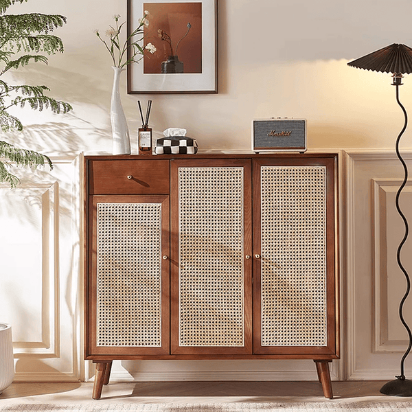 Otti Rattan Shoe Storage Console Table – Solid Wood Entryway Cabinet with Rattan Design, Modern Hallway Storage Unit – Cherrywood Finish - Sleek Furniture
