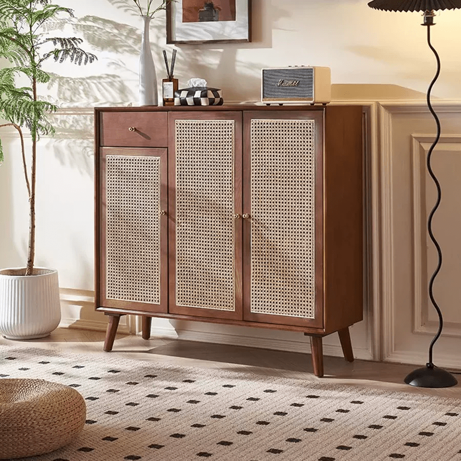 Otti Rattan Shoe Storage Console Table – Solid Wood Entryway Cabinet with Rattan Design, Modern Hallway Storage Unit – Cherrywood Finish - Sleek Furniture