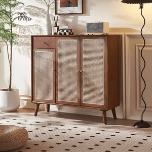 Otti Rattan Shoe Storage Console Table – Solid Wood Entryway Cabinet with Rattan Design, Modern Hallway Storage Unit – Cherrywood Finish - Sleek Furniture