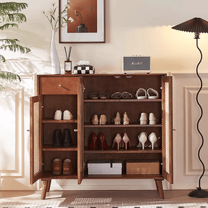 Otti Rattan Shoe Storage Console Table – Solid Wood Entryway Cabinet with Rattan Design, Modern Hallway Storage Unit – Cherrywood Finish - Sleek Furniture