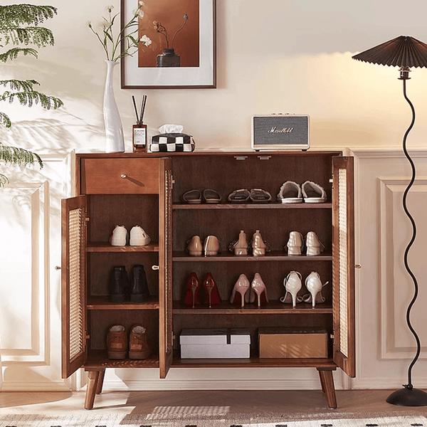 Otti Rattan Shoe Storage Console Table – Solid Wood Entryway Cabinet with Rattan Design, Modern Hallway Storage Unit – Cherrywood Finish - Sleek Furniture