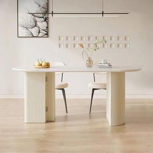 Pacheco Foldable Oval Dining Table – Cream Sintered Stone Top with Wooden Base, Modern Extendable Dining Table for 4–6 Seater Dining Rooms - Sleek Furniture