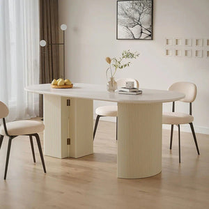 Pacheco Foldable Oval Dining Table – Cream Sintered Stone Top with Wooden Base, Modern Extendable Dining Table for 4–6 Seater Dining Rooms - Sleek Furniture