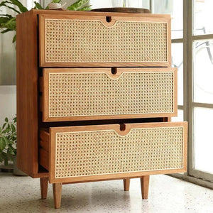 Pavia Chest of Drawers – Natural Rattan & Oak Wood Storage Unit, Contemporary Modern Cabinet with Drawers, Bedroom & Living Room Furniture (Oak & Cherry Finish) - Sleek Furniture
