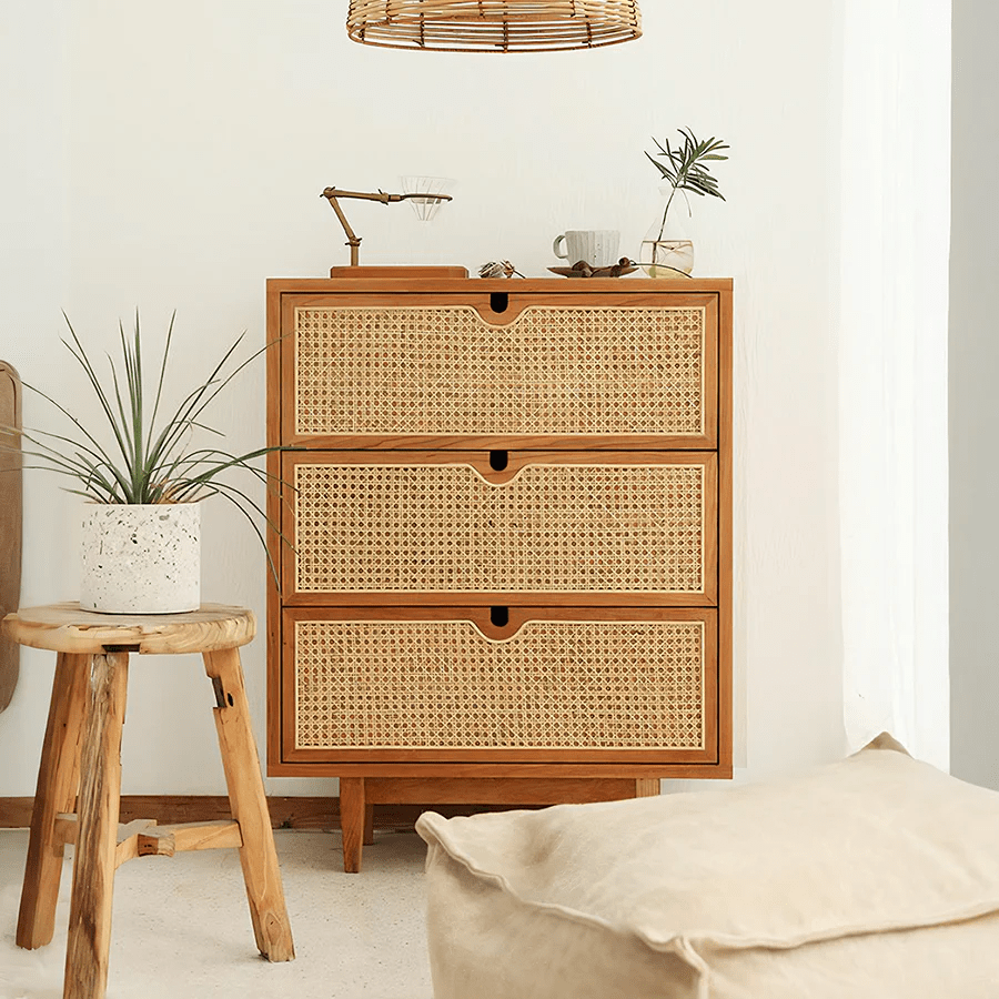 Pavia Chest of Drawers – Natural Rattan & Oak Wood Storage Unit, Contemporary Modern Cabinet with Drawers, Bedroom & Living Room Furniture (Oak & Cherry Finish) - Sleek Furniture