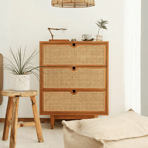 Pavia Chest of Drawers – Natural Rattan & Oak Wood Storage Unit, Contemporary Modern Cabinet with Drawers, Bedroom & Living Room Furniture (Oak & Cherry Finish) - Sleek Furniture
