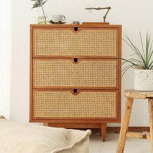 Pavia Chest of Drawers – Natural Rattan & Oak Wood Storage Unit, Contemporary Modern Cabinet with Drawers, Bedroom & Living Room Furniture (Oak & Cherry Finish) - Sleek Furniture