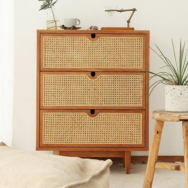 Pavia Chest of Drawers – Natural Rattan & Oak Wood Storage Unit, Contemporary Modern Cabinet with Drawers, Bedroom & Living Room Furniture (Oak & Cherry Finish) - Sleek Furniture