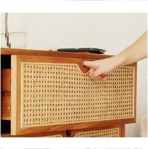 Pavia Chest of Drawers – Natural Rattan & Oak Wood Storage Unit, Contemporary Modern Cabinet with Drawers, Bedroom & Living Room Furniture (Oak & Cherry Finish) - Sleek Furniture