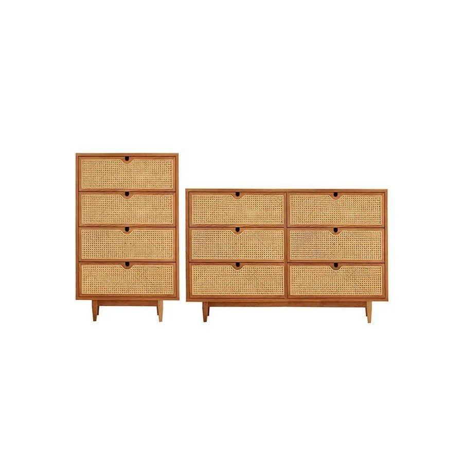 Pavia Chest of Drawers – Natural Rattan & Oak Wood Storage Unit, Contemporary Modern Cabinet with Drawers, Bedroom & Living Room Furniture (Oak & Cherry Finish) - Sleek Furniture