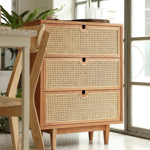 Pavia Chest of Drawers – Natural Rattan & Oak Wood Storage Unit, Contemporary Modern Cabinet with Drawers, Bedroom & Living Room Furniture (Oak & Cherry Finish) - Sleek Furniture