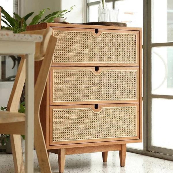 Pavia Chest of Drawers – Natural Rattan & Oak Wood Storage Unit, Contemporary Modern Cabinet with Drawers, Bedroom & Living Room Furniture (Oak & Cherry Finish) - Sleek Furniture
