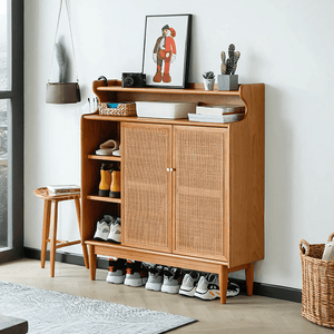 Pavia Rattan & Oak Shoe Storage Cabinet – Modern Wooden Hallway Shoe Organiser with Natural Rattan Doors - Sleek Furniture