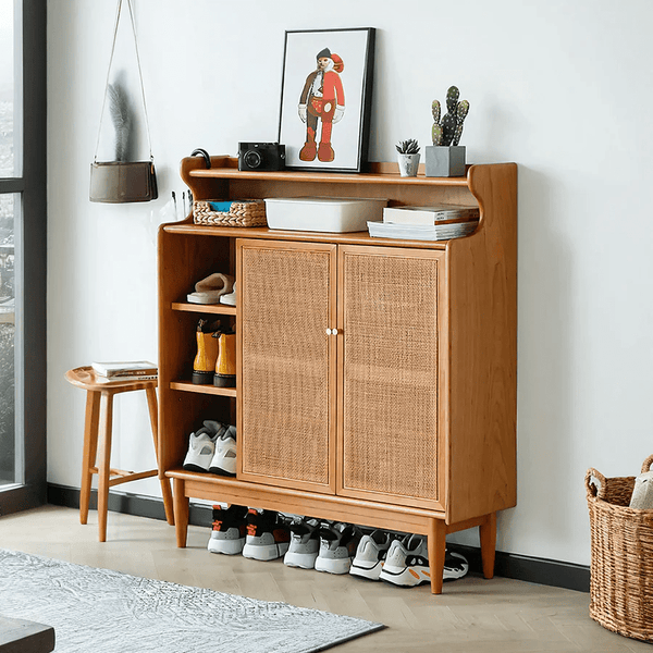 Pavia Rattan & Oak Shoe Storage Cabinet – Modern Wooden Hallway Shoe Organiser with Natural Rattan Doors - Sleek Furniture