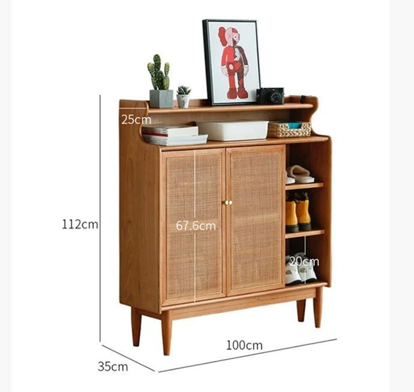 Pavia Rattan & Oak Shoe Storage Cabinet – Modern Wooden Hallway Shoe Organiser with Natural Rattan Doors - Sleek Furniture
