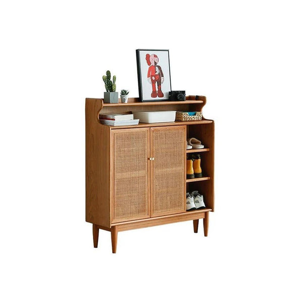 Pavia Rattan & Oak Shoe Storage Cabinet – Modern Wooden Hallway Shoe Organiser with Natural Rattan Doors - Sleek Furniture