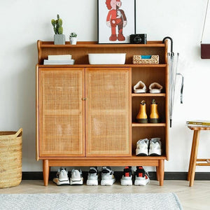 Pavia Rattan & Oak Shoe Storage Cabinet – Modern Wooden Hallway Shoe Organiser with Natural Rattan Doors - Sleek Furniture