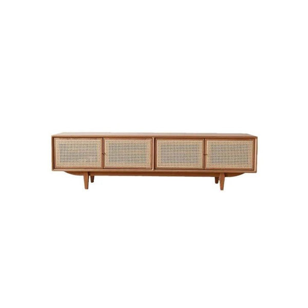Pavia TV Stand with Storage – Rattan Front Wooden TV Unit in Oak Finish, Contemporary Media Console Cabinet for Living Room, Modern Entertainment Center with Open Shelves - Sleek Furniture