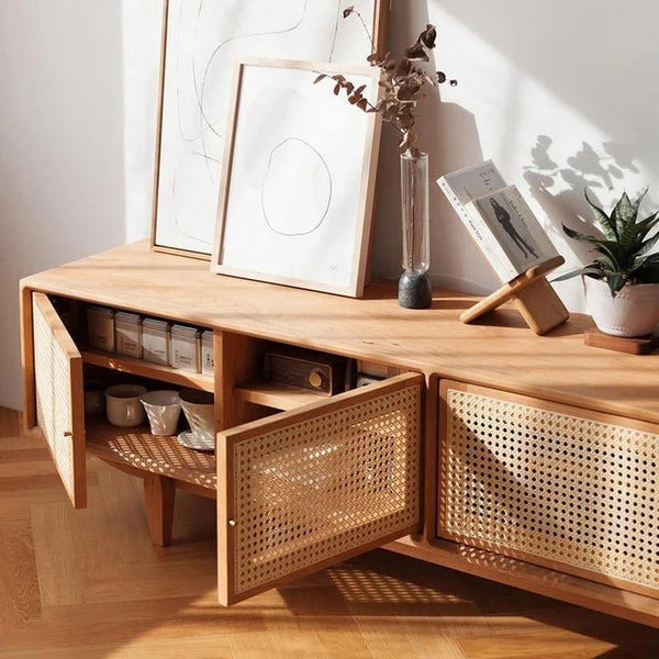 Pavia TV Stand with Storage – Rattan Front Wooden TV Unit in Oak Finish, Contemporary Media Console Cabinet for Living Room, Modern Entertainment Center with Open Shelves - Sleek Furniture