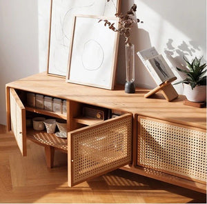 Pavia TV Stand with Storage – Rattan Front Wooden TV Unit in Oak Finish, Contemporary Media Console Cabinet for Living Room, Modern Entertainment Center with Open Shelves - Sleek Furniture