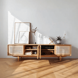 Pavia TV Stand with Storage – Rattan Front Wooden TV Unit in Oak Finish, Contemporary Media Console Cabinet for Living Room, Modern Entertainment Center with Open Shelves - Sleek Furniture
