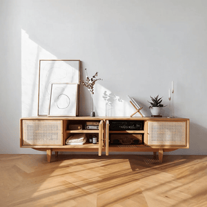 Pavia TV Stand with Storage – Rattan Front Wooden TV Unit in Oak Finish, Contemporary Media Console Cabinet for Living Room, Modern Entertainment Center with Open Shelves - Sleek Furniture