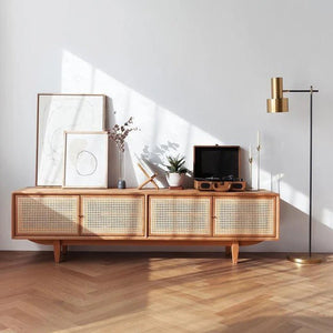 Pavia TV Stand with Storage – Rattan Front Wooden TV Unit in Oak Finish, Contemporary Media Console Cabinet for Living Room, Modern Entertainment Center with Open Shelves - Sleek Furniture