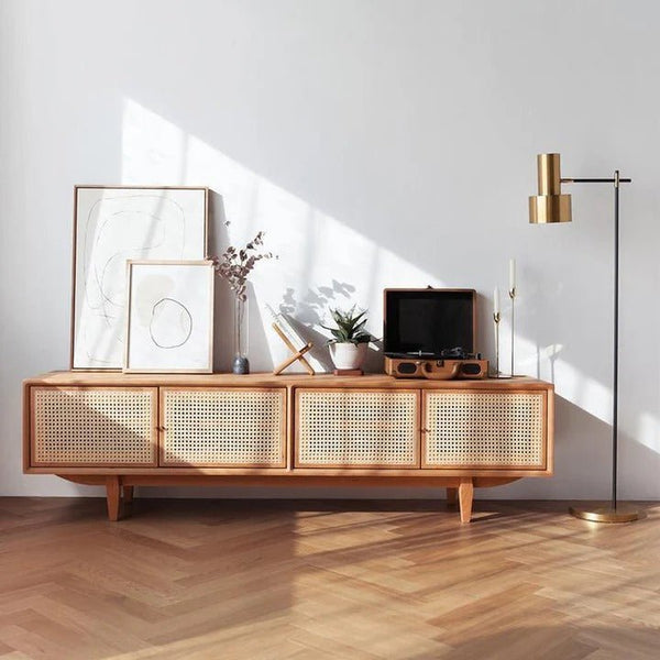 Pavia TV Stand with Storage – Rattan Front Wooden TV Unit in Oak Finish, Contemporary Media Console Cabinet for Living Room, Modern Entertainment Center with Open Shelves - Sleek Furniture