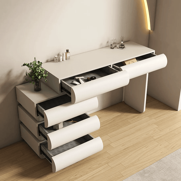Elegant bedroom dressing table with LED mirror and cushioned stool