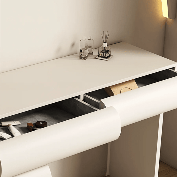 Cream dressing table set with comfortable stool and built-in mirror